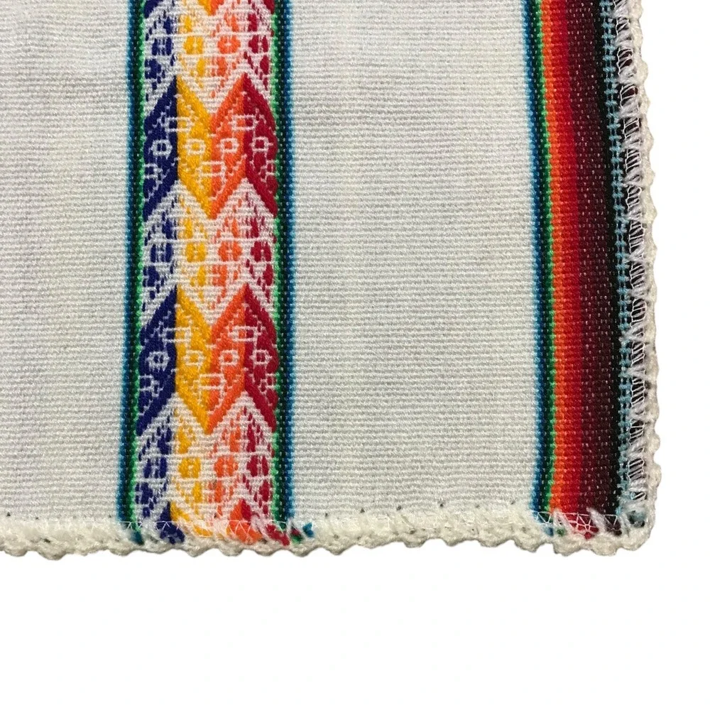 Handwoven Peruvian Textile Placemat Rainbow Geometric Stripe Crochet Trim 16x11
